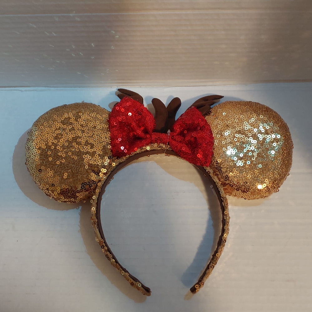 Disney Gold Sequin Mouse Ears Headband with Red Bow